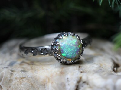 Opal Ring * Solid Sterling Silver Ring* Moon and Stars Pattern Band * 8mm Full Moon * 14x10mm* Monarch Opal *  Any Size - image2